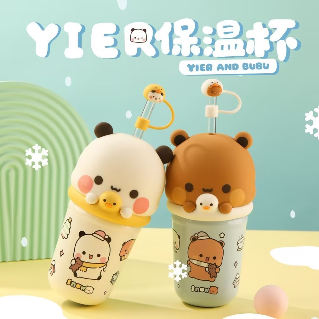 350mL Yier และ Bubu Bear Double Wall Insulated 316 ถ้วยเก็บความร้อนสแตนเลสพร้อมฝาปิดและหลอด