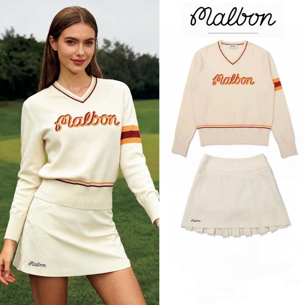 2026 ฤดูใบไม้ผลิสไตล์ malbon GOLF ผู้หญิง V คอถักแขนยาวประณีตแฟชั่นยืด Slim-Fit Top แฟชั่นสบายๆ All-Match GOLF ผู้หญิง Jersey H9RU