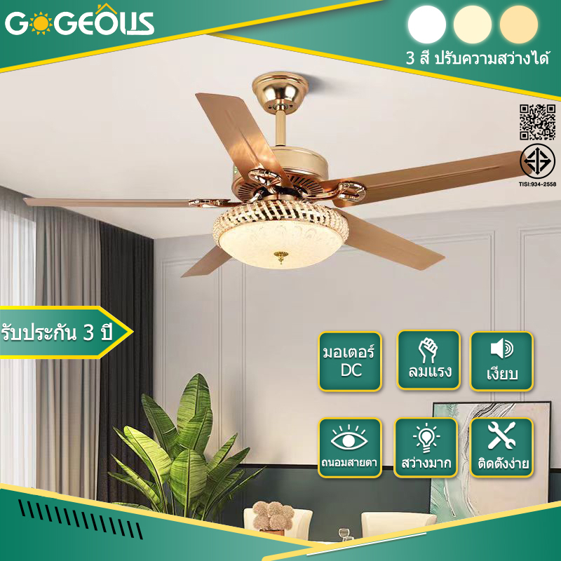 GOGEOUS พัดลมเพดาน มีไฟ led โคมไฟพัดลม พัดลมเพดาน คริสตัลพร้อมไฟรีโมทคอนโทรล 42/52 นิ้ว โมเดิร์น นํา โคมระย้าพัดลม พัดลมเพดาน ในร่มแสง 5 ใบมีด สําหรับตกแต่งบ้านห้องนั่งเล่นห้ ceiling fan with light