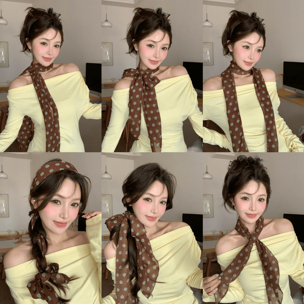 ผ้าชีฟอง ผ้าพันคอผ้าไหมยาวลายจุดสีน้ำตาลสำหรับผู้หญิง ขนาด 175*20 ซม. เครื่องประดับแฟชั่นยอดนิยม J101