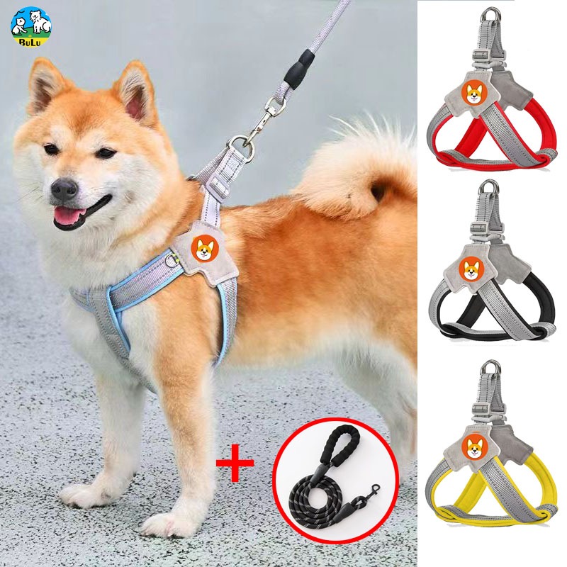 ปลอกอกสุนัขสะท้อนแสง ระบายอากาศ แบบ Y แถมเชือกจูงสะท้อนแสง 1.5 ม. สำหรับ Shiba Corgi Poodle ความปลอดภัยตอนกลางคืน อุปกรณ์สัตว์เลี้ยง
