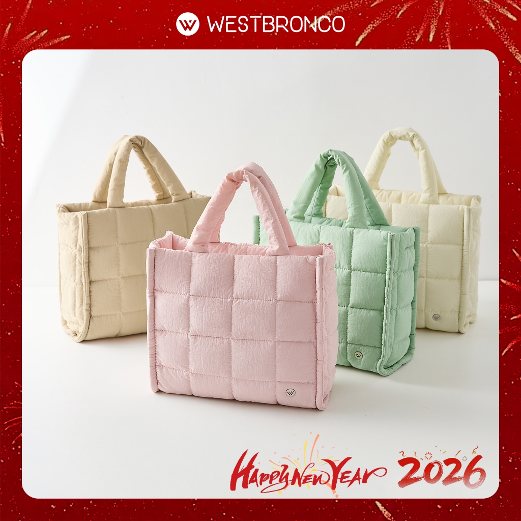 WESTBRONCO กระเป๋าถือ/กระเป๋าสะพายขนาดกลาง สายปรับได้ ลาย Quilting นุ่มฟู ไนลอน