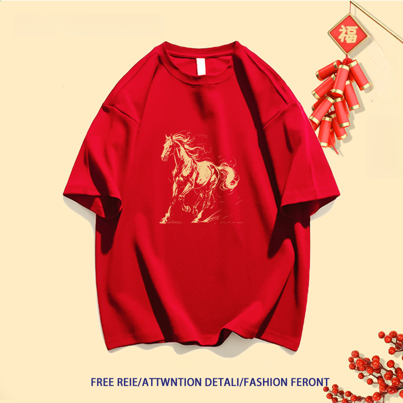 2026ปีใหม่สไตล์คอกลมแขนสั้นปีม้าพิมพ์ลายเสื้อยืด oversizeผู้ชายใส่สบายเสื้อเท่ๆเสื้อคู่สีแดงt shirt - รูปที่ 3