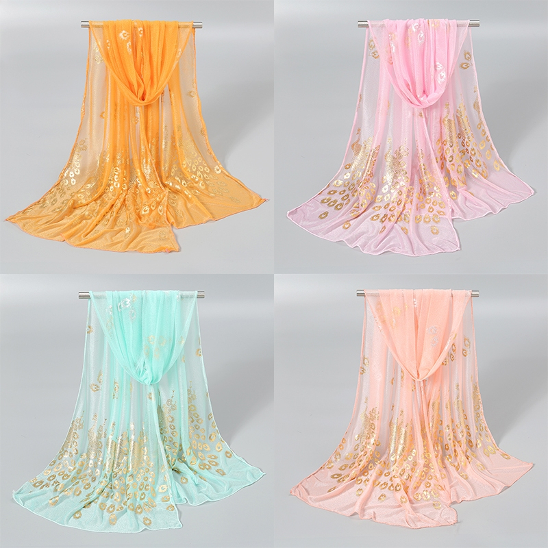 LOVOSME สีทึบนกยูงพิมพ์ผ้าพันคอแฟชั่นเรียบง่าย Gilding Phoenix Feather Comfort ผ้าคลุมไหล่ผ้าพันคอ T