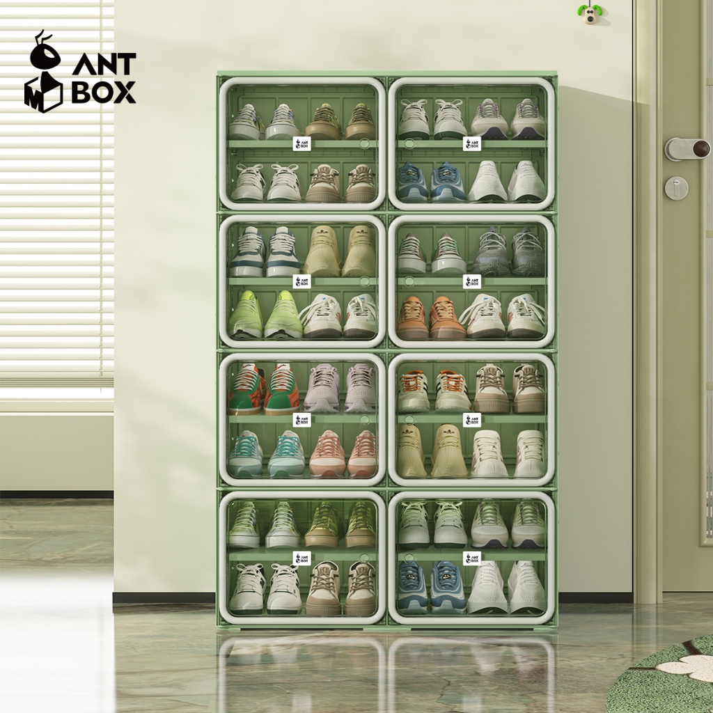ANTBOX ตู้เก็บรองเท้าเทรนด์ใหม่ปี 2026 สำหรับ 2แถว 8ชั้น 32คู่ สีเทาสีเขียว ติดตั้งง่าย พับเก็บได้รว