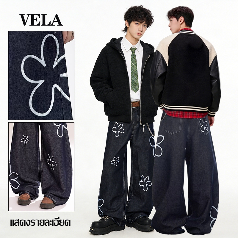 vela-กางเกงยีนส์ ผู้ชาย ทรงขากระบอก ทรงหลวม ออกแบบลายดอกไม้ สไตล์ฮิปฮอป baggy jeans