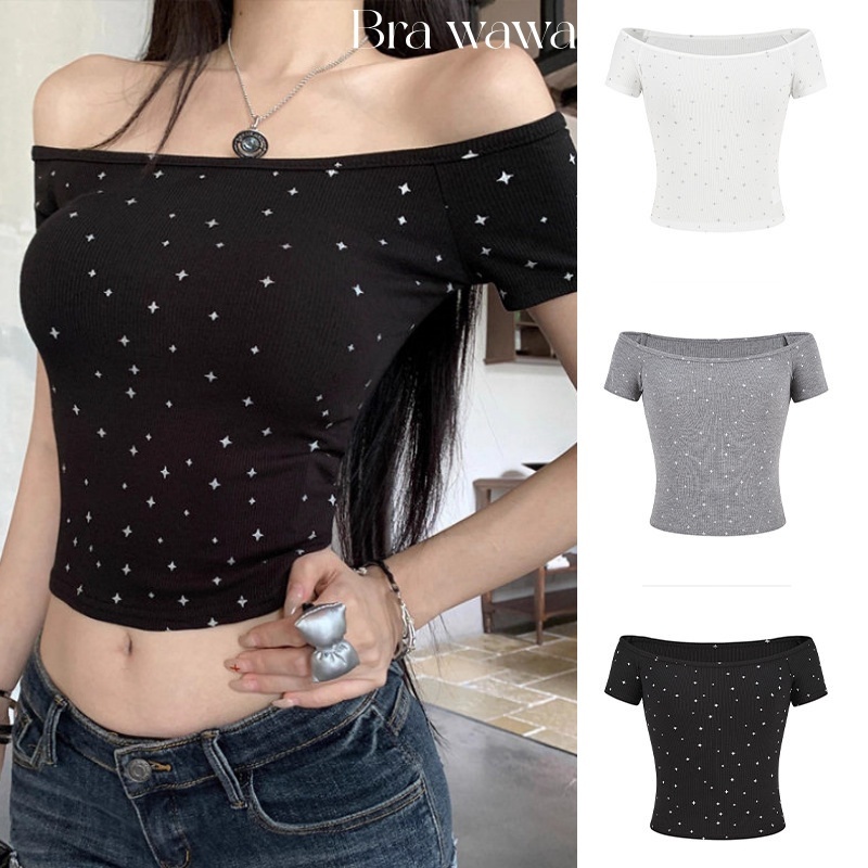 Wawa Bra เสื้อไหล่ข้างหนึ่ง ความไม่สมมาตร เสื้อยืดผ้าฝ้าย สีพื้น แมทช์ง่าย เสื้อยืดคุณภาพสูง