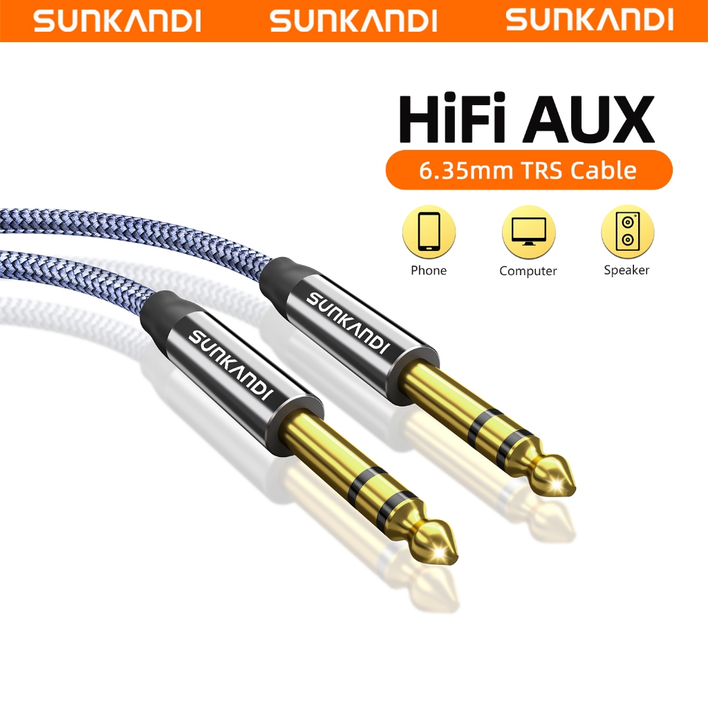 SUNKANDI AUX 3-Pin 6.35 มม.ถึง 6.35 มม.อะแดปเตอร์เสียงสายรองรับ Micro สําหรับโทรศัพท์คอมพิวเตอร์กีตาร์