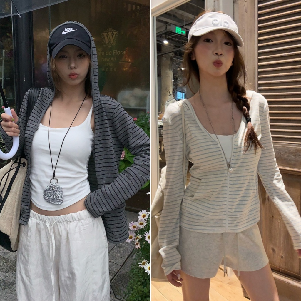 Bella Shop เสื้อคลุมบางๆ เสื้อแจ็คเก็ตแขนยาวมีฮู้ดลายทางพร้อมซิป สไตล์สปอร์ต ทรงเข้ารูป ใส่สบายดูผอม