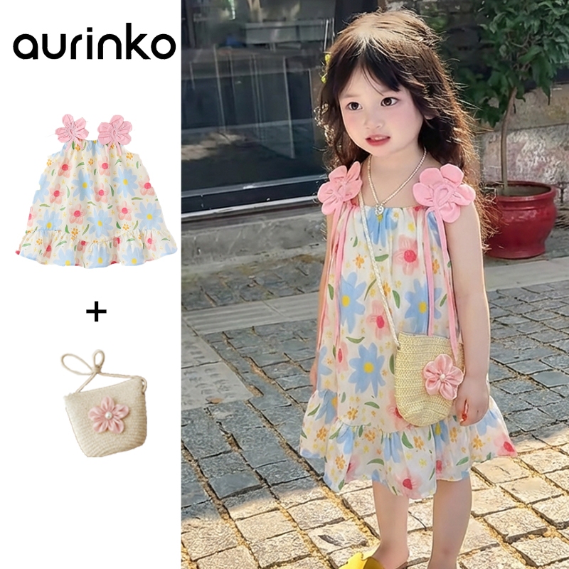 [Aurinko] ชุดเดรสเจ้าหญิง ชุดเดรสลายดอกไม้ ชุดเดรสวันเกิดเด็กหญิงชุดเดรสลายดอกไม้ น' ารักสำหรับเด็ กผู้ หญิง 2-8ป ชุดสงกรานต์เด็กผู้หญิง