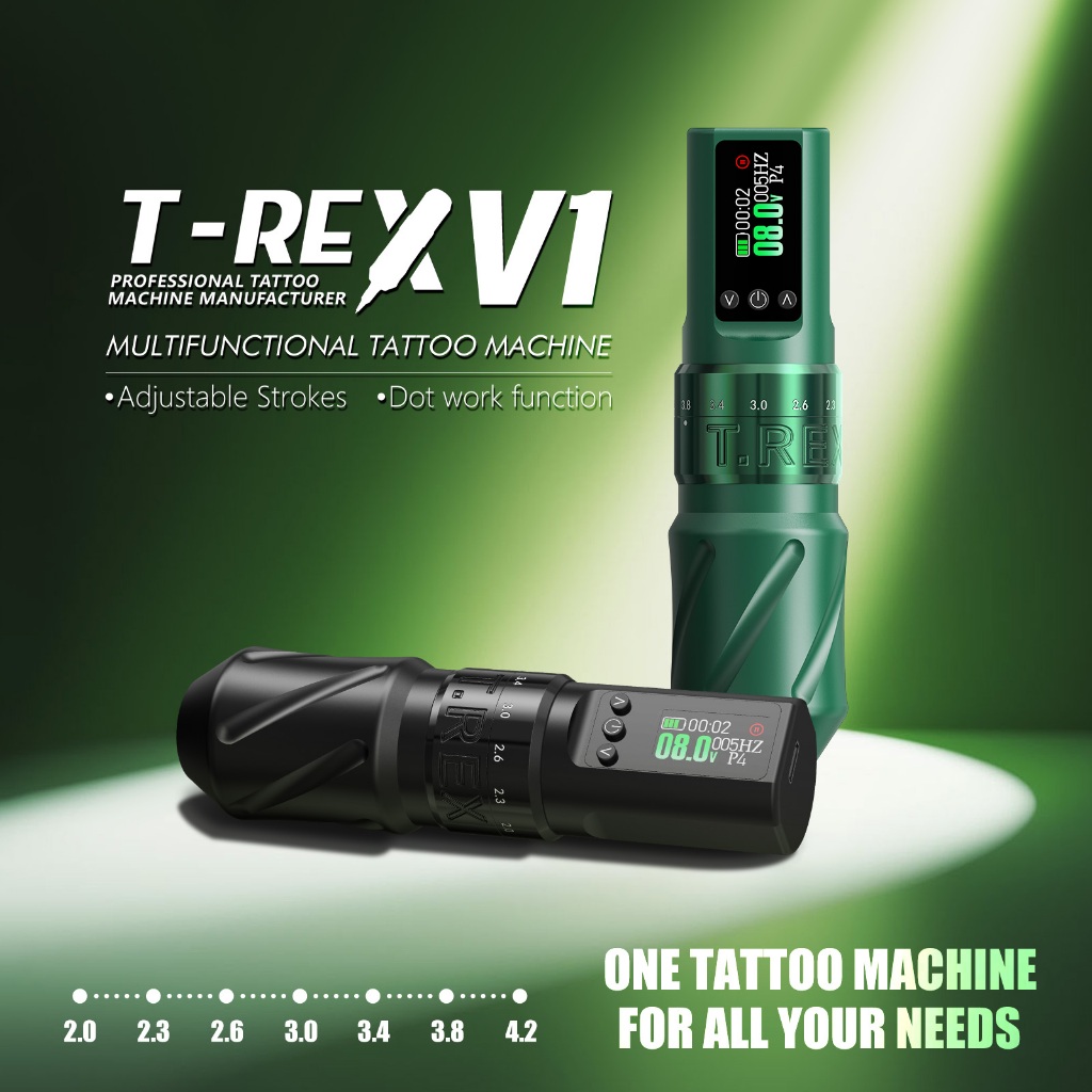 T-Rex Machine ปากกาสักโรตารีไร้สายพร้อมแบตเตอรี่ 1600mAh จอแสดงผลอัจฉริยะปรับได้ 7 ความยาว – โปรปัง