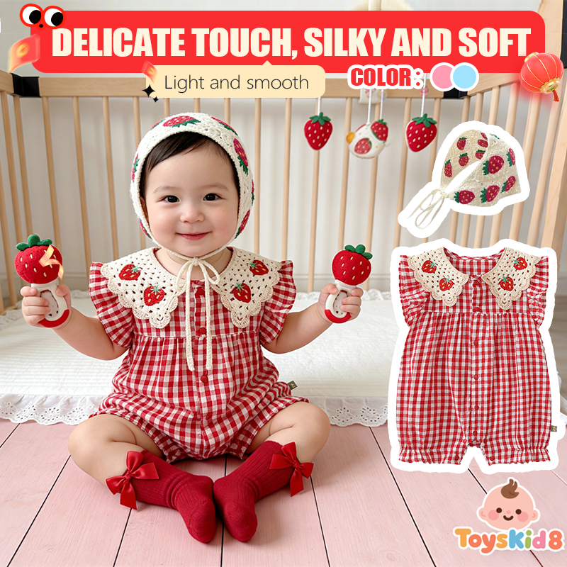 ทอยสแควร์8 ที่รัก ชุด3ชิ้น-สีแดงลายสก๊อตสตรอเบอร์รี่ลูกไม้บอดี้สูท+ฝากระโปรง+ถุงเท้าโบว์สําหรับสวมใส่ทุกวันน่ารัก(0-24เดือน)
