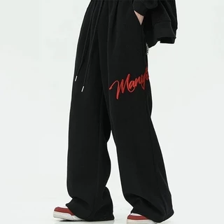 Vantro กางเกงวอร์ม unisex เอวยางยืด กางเกงขายาว ปักตัวอักษรที่ขา ดีไซน์เรียบง่าย หลวม สบาย เข้าได้กับทุกชุด ทันสมัย เต้นรำ ออกกำลังกาย