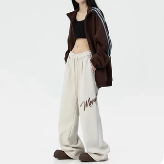 Vantro กางเกงวอร์ม unisex เอวยางยืด กางเกงขายาว ปักตัวอักษรที่ขา ดีไซน์เรียบง่าย หลวม สบาย เข้าได้กับทุกชุด ทันสมัย เต้นรำ ออกกำลังกาย