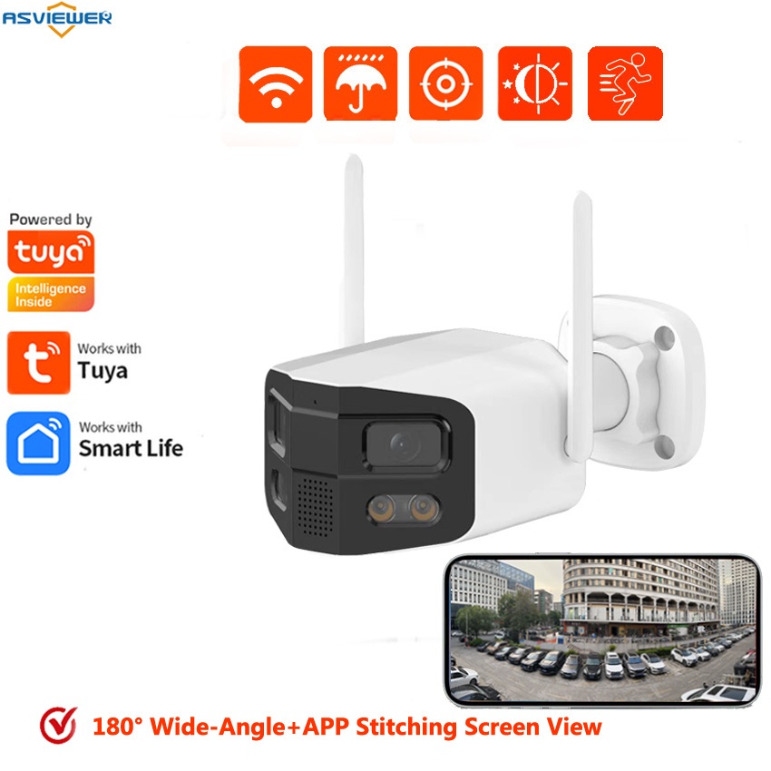 Tuya Dual Lens 180 กล้องวงจรปิดมุมกว้างกล้องรักษาความปลอดภัยเย็บหน้าจอดู 2 ทิศทางกลางแจ้งสมาร์ท IP Wi-Fi กล้อง