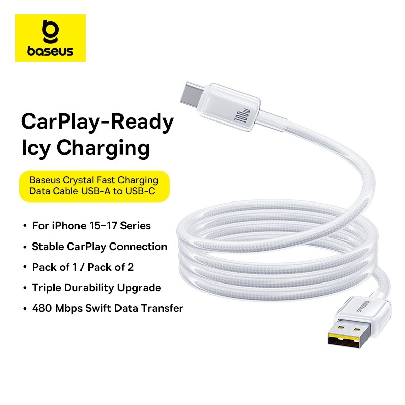 BASEUS Crystal สายชาร์จ 100W USB-A to USB-C ใส ทนทาน ทำความสะอาดง่าย