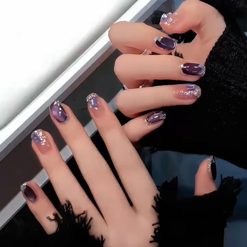 C248 เล็บปลอมสําเร็จรูป เจลแท้ ทำด้วยมือ 10 ชิ้น/กล่อง สีม่วงประกายเพชรสไตล์ หรูหรา มีสไตล์ สวมง่าย ใช้ซ้ำได้