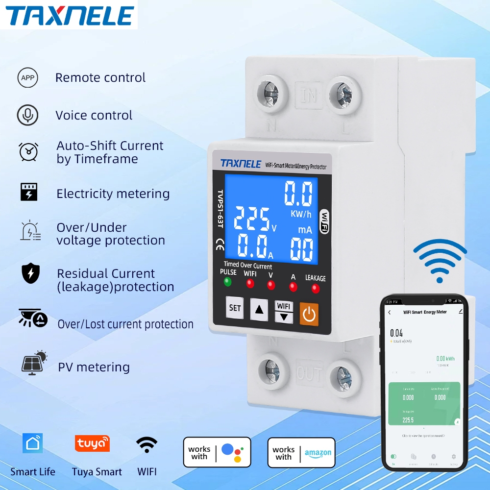 TAXNELE TUYA WiFi สมาร์ทแรงดันไฟฟ้า PVTimed Over Current Circuit Breake Bidirectional Meter