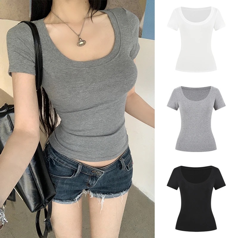 HPSOM เสื้อยืดผู้หญิง คอกว้าง U แขนสั้น สีพื้น ทรงเข้ารูป ผ้าสปีด ผ้ายืด ใส่สบาย ระบายอากาศดี