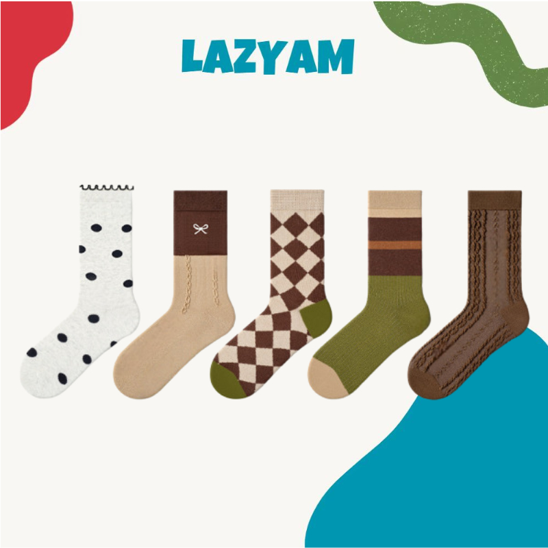 LAZYAM ถุงเท้าครึ่งแข้งสไตล์โมเดิร์นเรโทร ผ้าคอตตอนถัก นุ่ม ลายเรียบ โทนสีธรรมชาติ ใส่ทุกวัน
