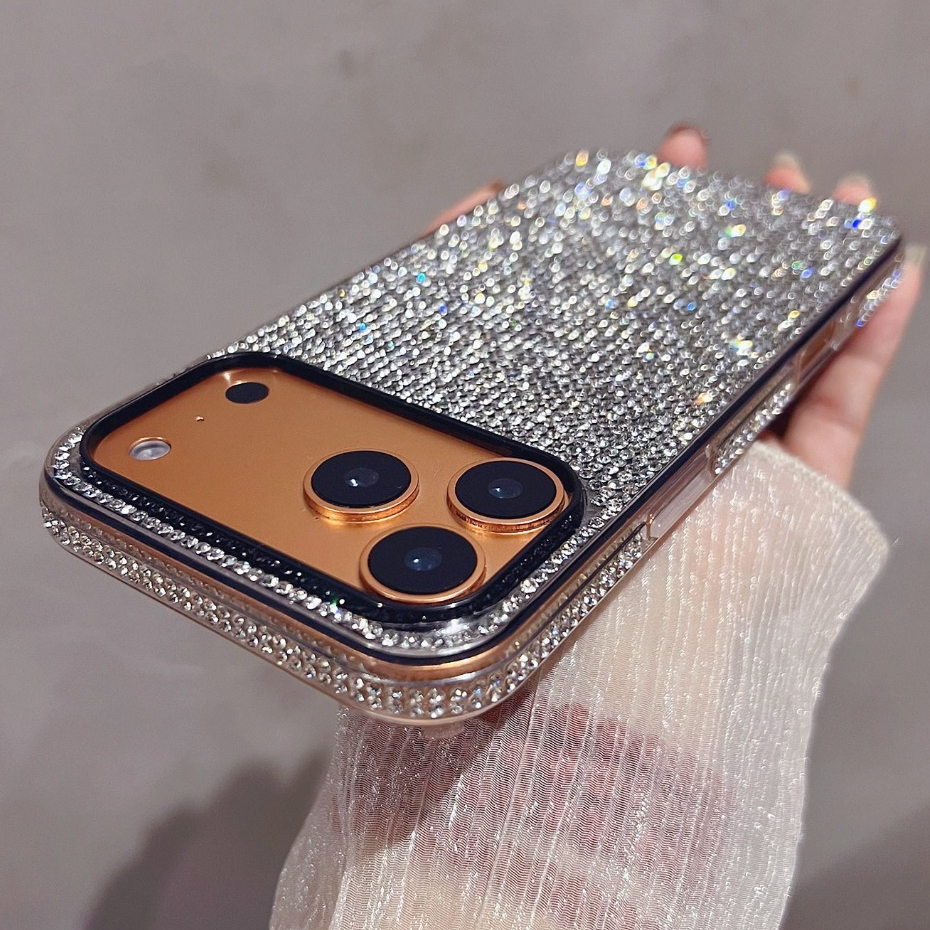 Bling Full Silver Diamondเคสโทรศัพท์สําหรับiPhone 17 11 12 13 14 15 16 Pro Max Air XR X XS Max 14 Plusหรูหรากล้องเลนส์ป้องกันรวมทุกอย่างกันกระแทกปกหลัง