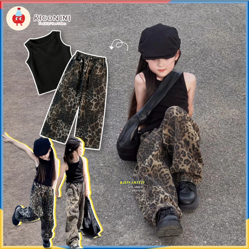 [RICONINI] เสื้อกั๊กเด็กผู้หญิง + กางเกงลายเสือดาวชุดเด็กแฟชั่นหลวม ๆ เท่ ๆ สตรีทแดนซ์ลำลองกางเกงตรง