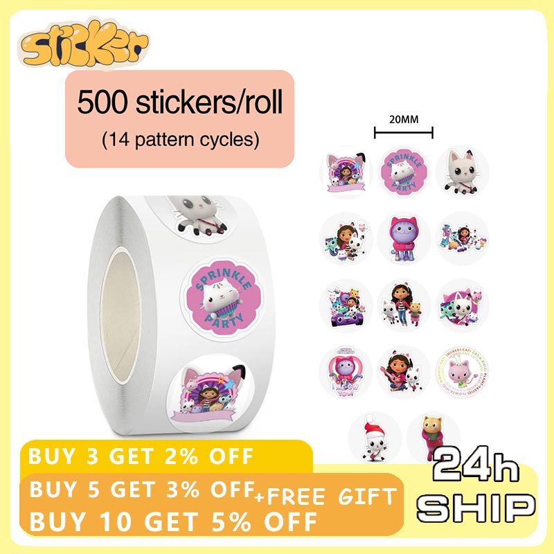 500 ชิ้น/ม้วนภาพยนตร์ Gabbys Dollhouse สติกเกอร์ปิดผนึกตกแต่งแล็ปท็อป Decals รางวัลเด็กของขวัญของเล่น
