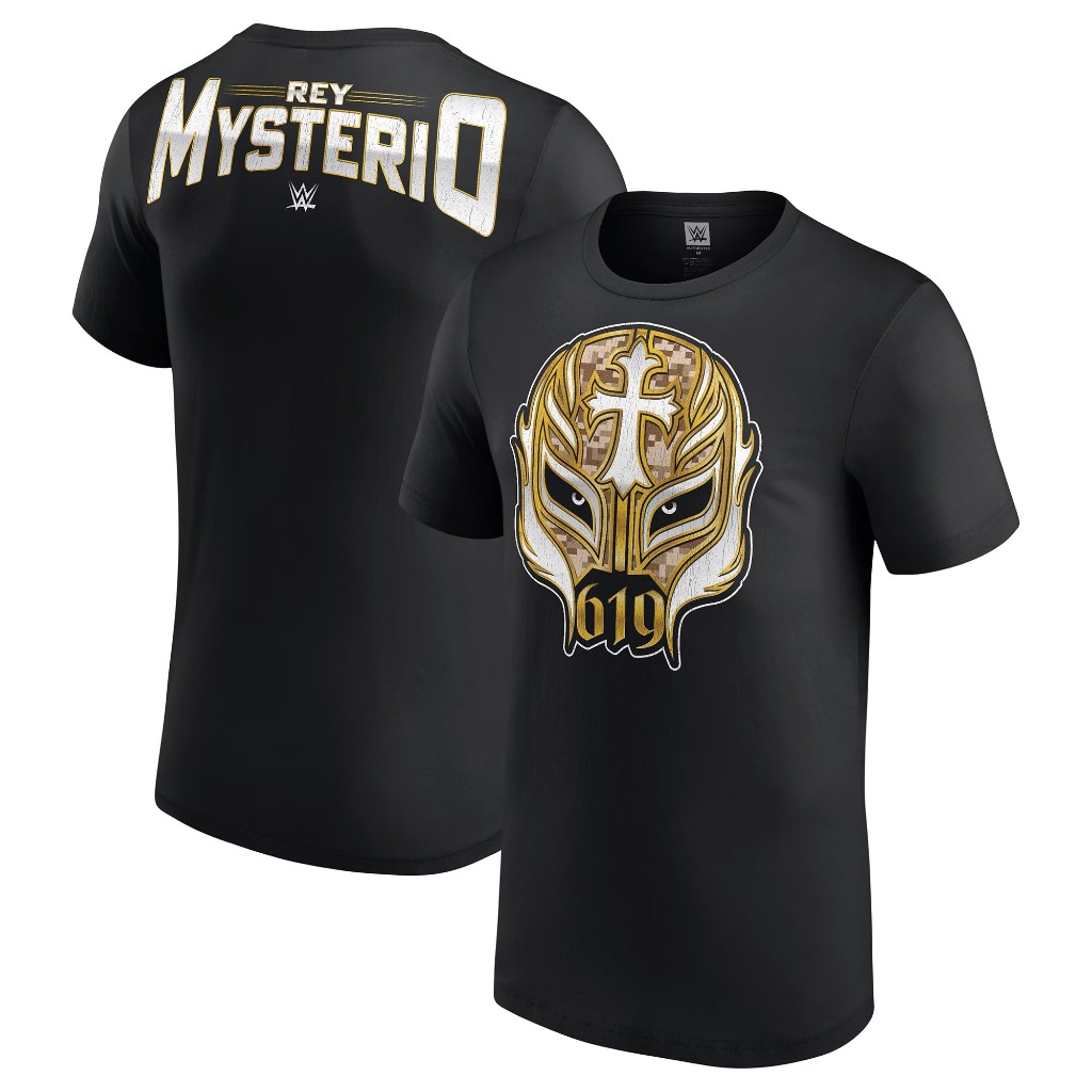 ใหม่ Wwe Mens Black Rey Mysterio 619 Gold Mask เสื้อยืด