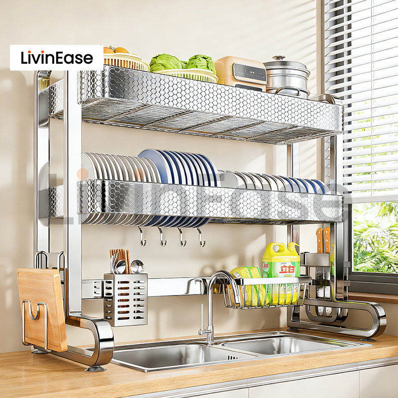 LivinEase ชั้นวางอ่างล้างจานสแตนเลสพร้อมเคลือบรังผึ้งเหนืออ่างล้างจานจานราวตากผ้ามัลติฟังก์ชั่นห้องครัว ราคา ถูกที่สุด ดีลบีเคเค รูปภาพหลัก