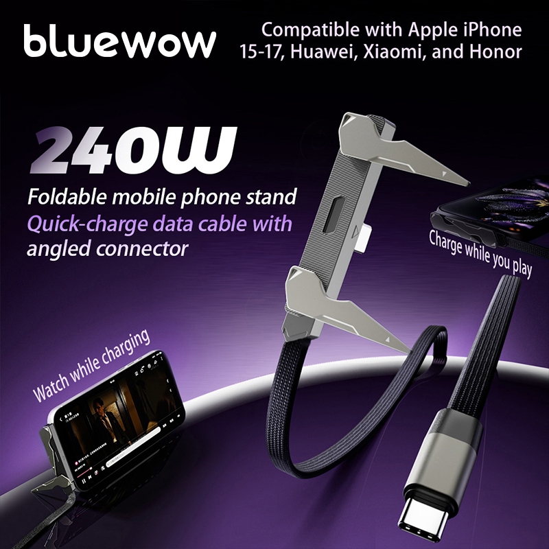 BlueWow 240W ขาตั้งโทรศัพท์มือถือแบบพับได้ สายเคเบิลข้อมูลแบบชาร์จเร็วพร้อมขั้วต่อมุมสําหรับ Type-c/Android