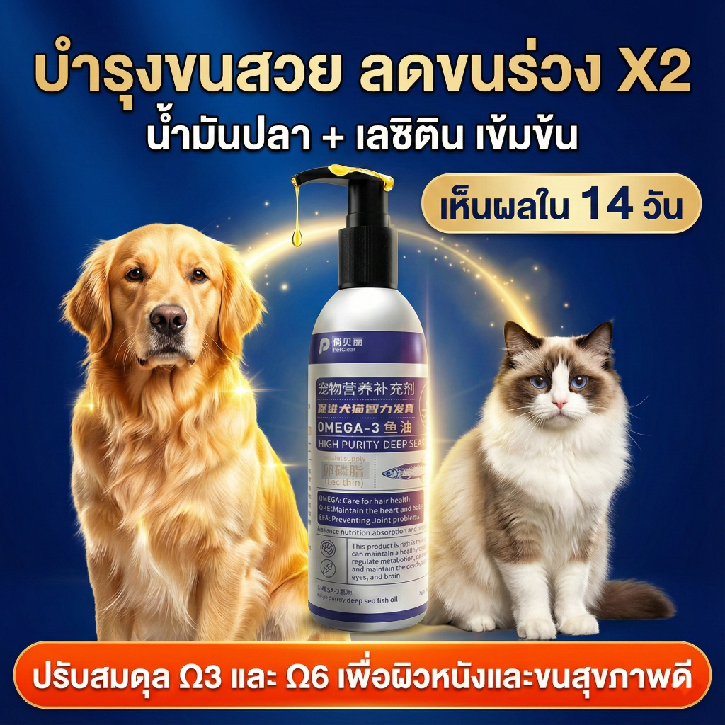 [Petclear] น้ำมันปลาแมว สุนัข ผสมเลซิติน Omega-3 บำรุงขน ลดขนร่วง แก้คัน ผิวหนังอักเสบ อาหารเสริมสัต
