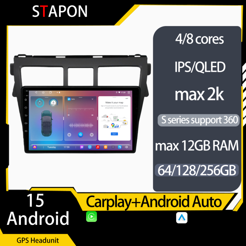 STAPON 9 นิ้ว android headunit สําหรับ toyota vios 2008-2013 android15 64 128 256GB carplay android 