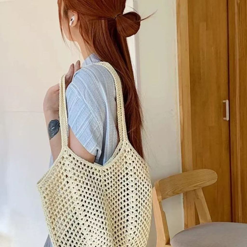 Lazy Tote กระเป๋าสะพายทำมือลายถักสำหรับวันหยุดและชายหาด พร้อมความจุมาก