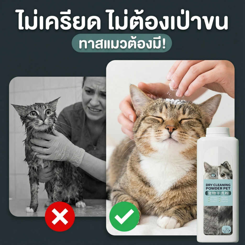 [พร้อมส่ง] ผงอาบน้ำแห้ง สำหรับแมวกลัวน้ำ ขจัดกลิ่นเหม็นทันที ขนฟู หอมนาน ไม่ต้องใช้น้ำ