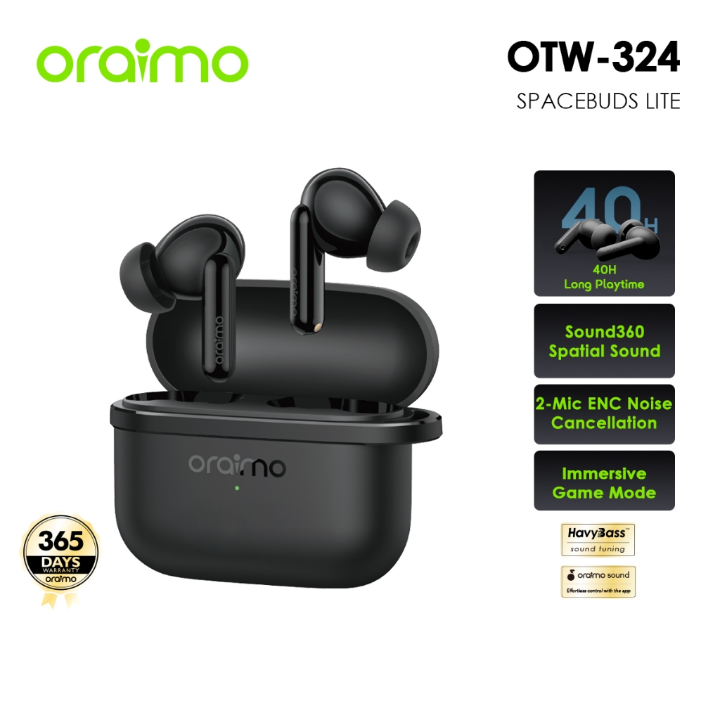 【สีใหม่】oraimo SpaceBuds Lite OTW-324 หูฟังบลูทูธ  ฟังยาว 40 ชม. เสียงรอบทิศ 360° ค้นหาหูฟังง่าย ไมค์คู่ตัดเสียงรบกวน โหมดเกมเสียงไว กันน้ำ IPX4 สีสวยหลายแบบ