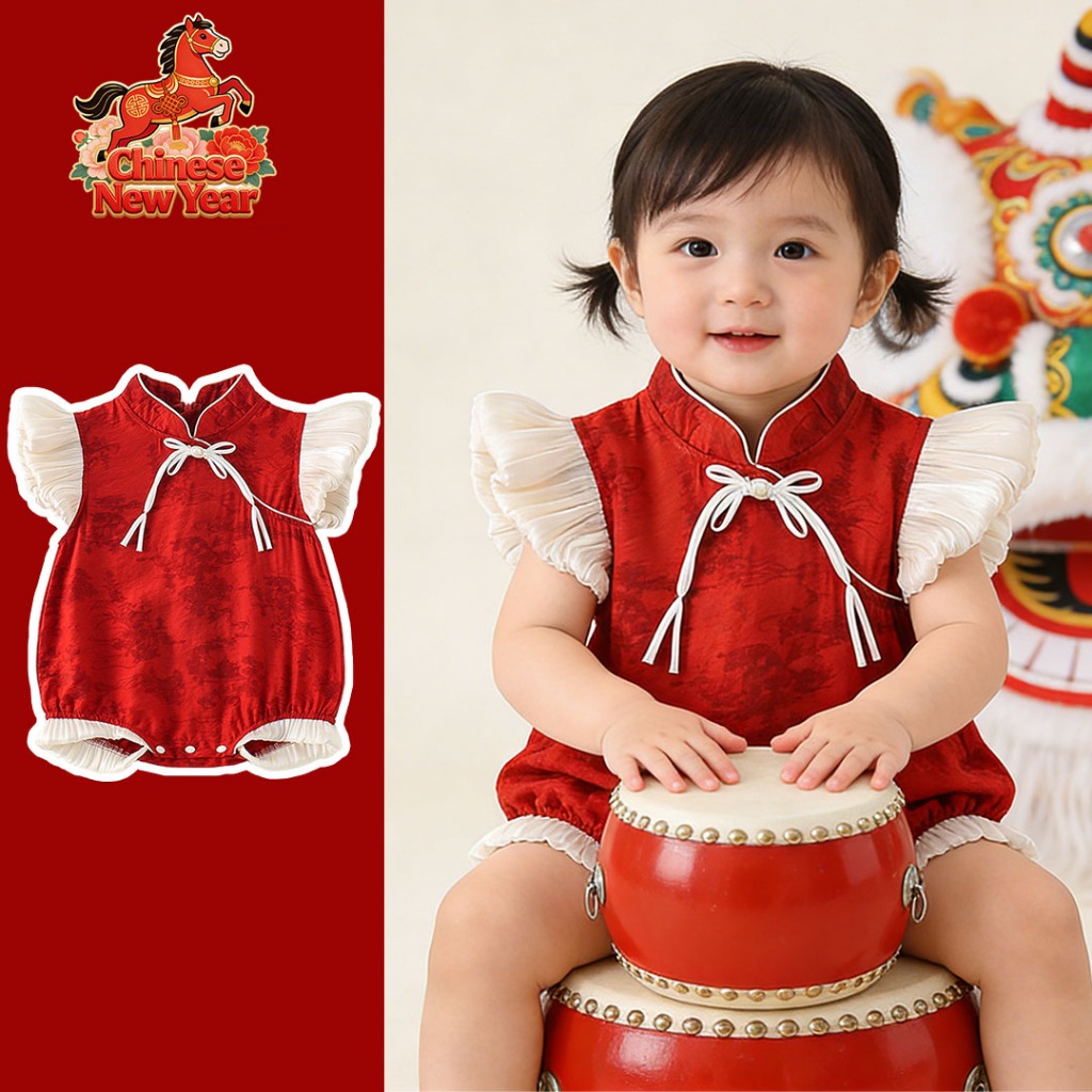 ชุดรอมเปอร์สไตล์จีนย้อนยุค ทำจากผ้าฝ้ายแขนสั้น เหมาะสำหรับทารกแรกเกิดและเด็กผู้หญิง เป็นของขวัญในเทศกาลตรุษจีน