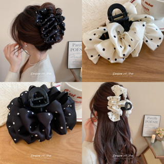 DREW คลิปผมลายโปลกาดอตและโบว์ สไตล์ดำขาว แฟชั่นสำหรับทุกวัน