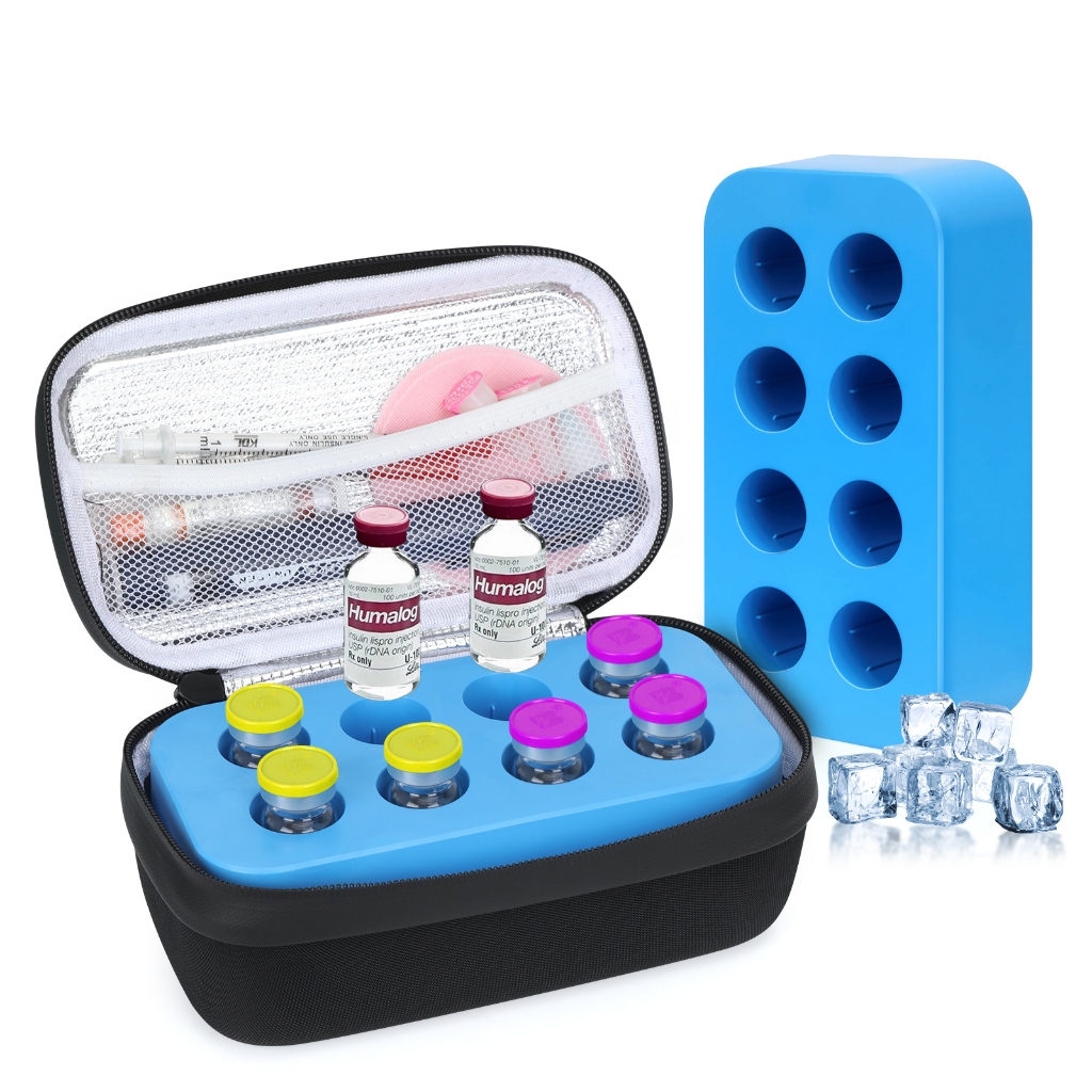 Insulin Vial Cooler Travel Case - 8 ช่อง Freezable Ice Brick Organizer สําหรับเปปไทด์ Vials, GLP-1 ผู้ถือตู้เย็นเบาหวานขนาดเล็กขวดตู้เย็นสําหรับ 10ml U-100 Vials