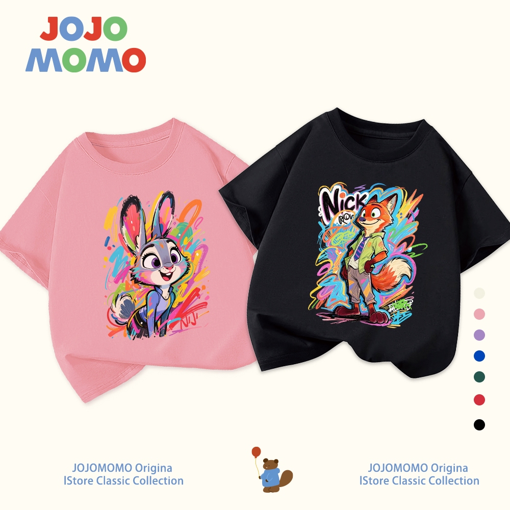 【จัดส่งภายใน 24 ชม】เสื้อยืดเด็ก แขนสั้น สีแดง สีขาว ลาย Nick & Judy ผ้าฝ้ายแท้ ใส่สบาย ของขวัญวันเด็ก เหมาะสำหรับเด็กอายุ 1-13 ปี