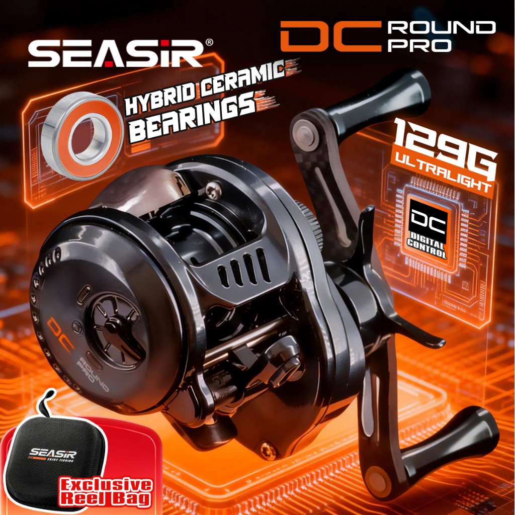 SEASIR DC Round Pro Digital Control Hybrid - รอกตกปลาแบบ Baitcasting Ultralight All-Carbon 129g, 7.6:1 Ratio กันน้ำเค็มพร้อมแบริ่งเซรามิก