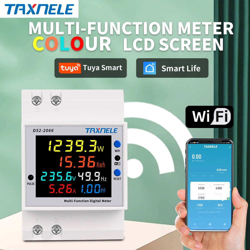 Tuya WiFi 6IN1 AC 220V แรงดันไฟฟ ้ า Current Power Factor KWH ไฟฟ ้ า Energy Frequency Meter D52-206