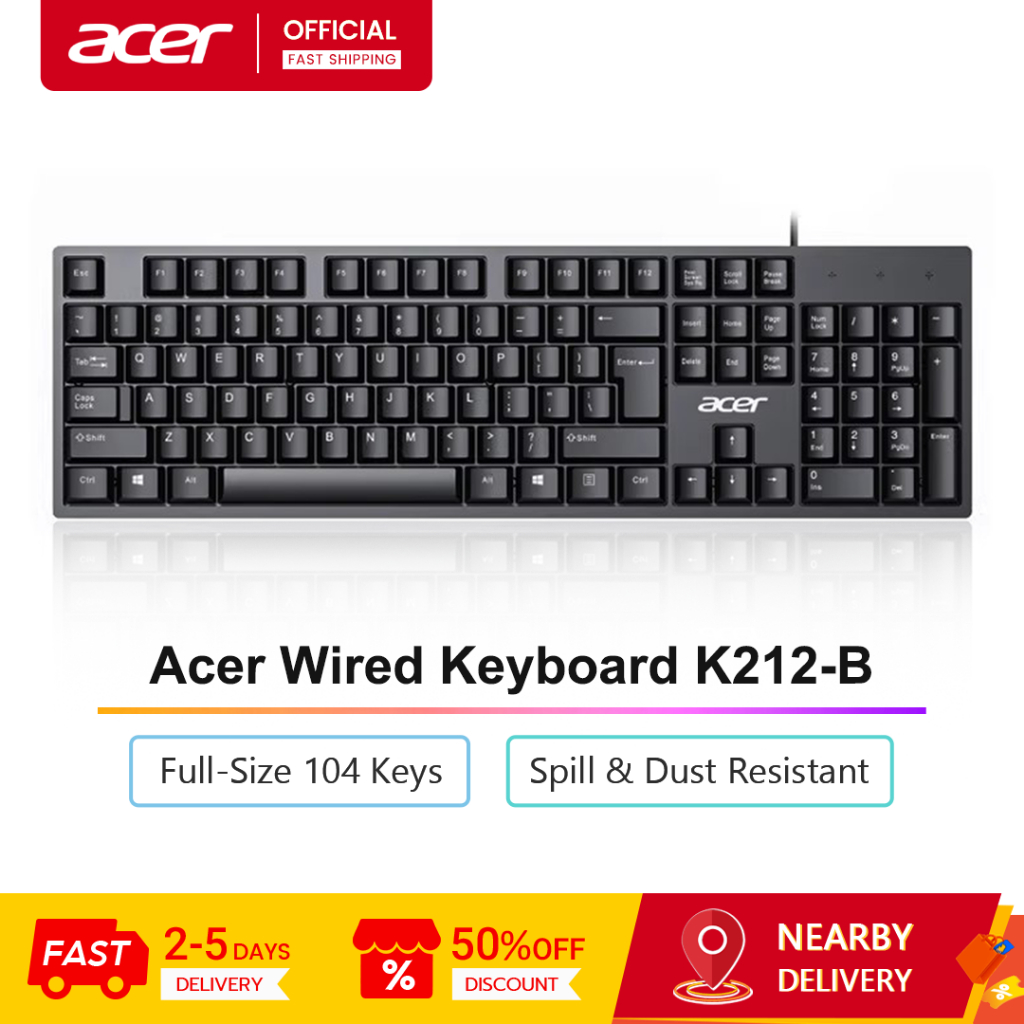 Acer คีย์บอร์ดแบบมีสาย USB K-212B เข้ากันได้กับคอมพิวเตอร์เดสก์ท็อปและแล็ปท็อป, การออกแบบตามหลักสรีรศาสตร์, กันน้ํากระเซ็นและกันฝุ่น