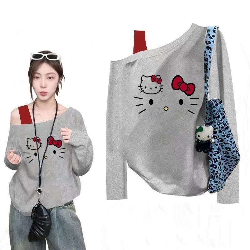 เสื้อยืดแขนยาวไหล่เอียงสำหรับผู้หญิง สไตล์แฟชั่นใหม่