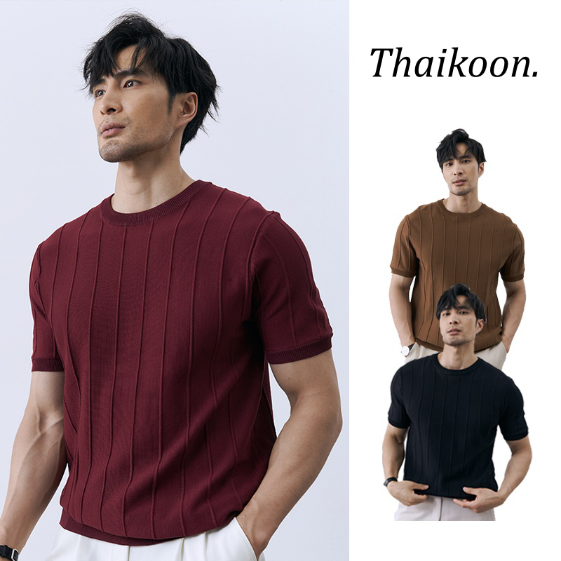 เสื้อเนื้อขี้หนูแขนสั้นผู้ชาย สีเดียว หลุมคอกลม มินิมัล บิซنسพรีเมียม