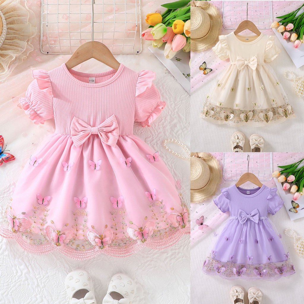 จัดส่งจากไทย ชุดเดรสเด็กทารกหญิง 6-36 เดือน แขนสั้น ผ้าตาข่ายลายผีเสื้อ สีชมพู งานวันเกิด วันเด็ก