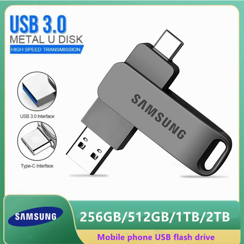 Samsung 2 In 1 Type-C แฟลชไดรฟ์ 64GB 128GB 256GB 512GB 1TB 2TB แฟลชไดรฟ์โลหะความเร็วสูง U Stick สําห