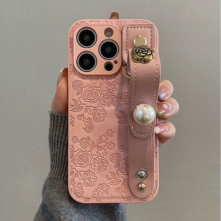 สวย 3D สีชมพูสีขาวสีดําขนาดเล็ก Camellia สร้อยข้อมือหนัง IMD เคสโทรศัพท์สําหรับ Iphone 17promax 16 15 14promax 13promax 12 pro 11 15pro max 14