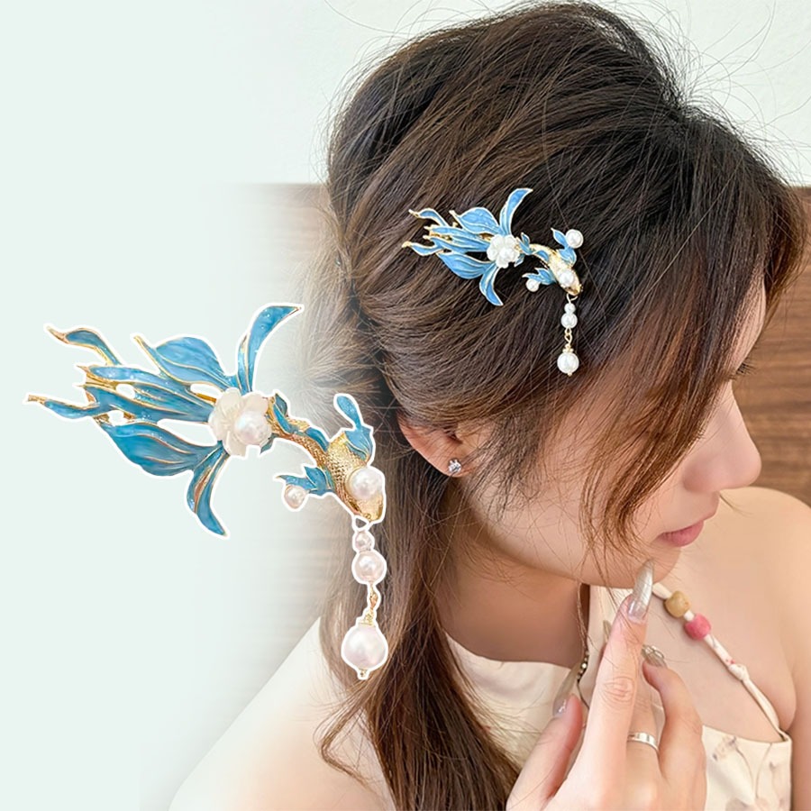 กิ๊บติดผมทรงปลาคาร์พแบบโบราณ สไตล์เรโทร คลิปทรงไก่เผาสีฟ้า สำหรับแต่งหน้ายามราตรี