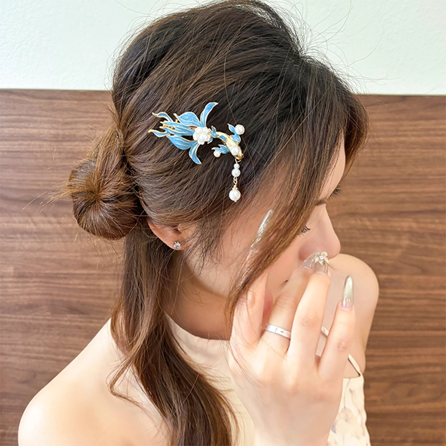 กิ๊บติดผมทรงปลาคาร์พแบบโบราณ สไตล์เรโทร คลิปทรงไก่เผาสีฟ้า สำหรับแต่งหน้ายามราตรี - รูปที่ 5