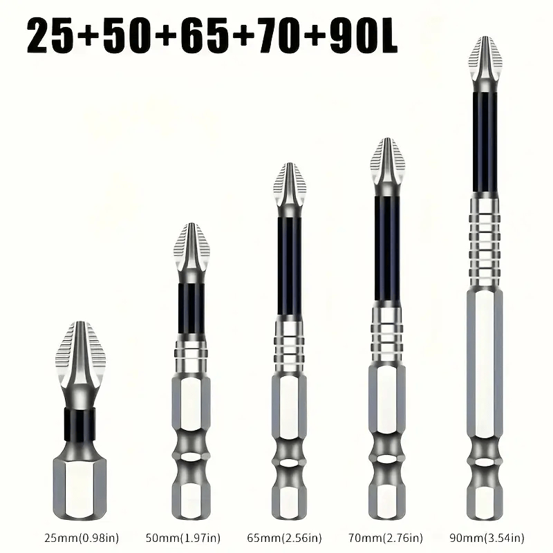 K5 Magnetic Non-Slip Phillips Bit Set – 5 ขนาด 25-150 มม., 1/4 "Hex สําหรับสว่านและเครื่องมือช่าง